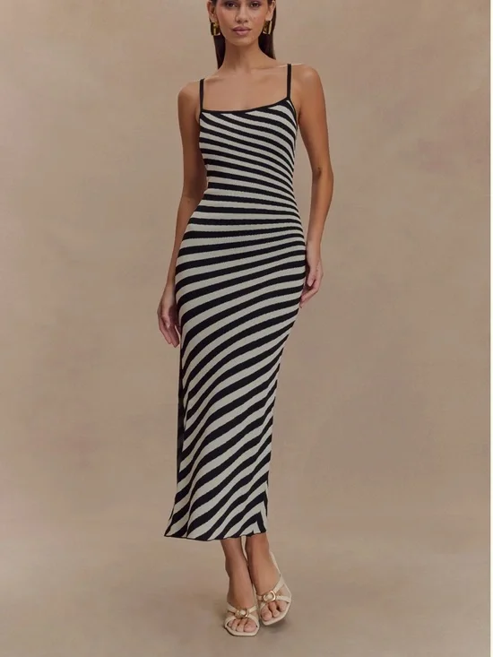 Meshki Black & Cream Diagonal Stripe Spaghetti Strap Maxi Dress - Picture 1 of 3